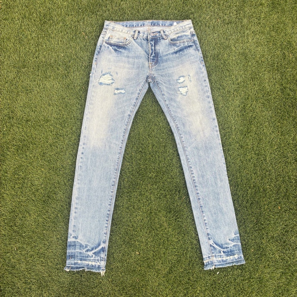 MNML Mens 32x34 Light Wash Distressed Slim Straight Jeans Released Raw Hem Blue